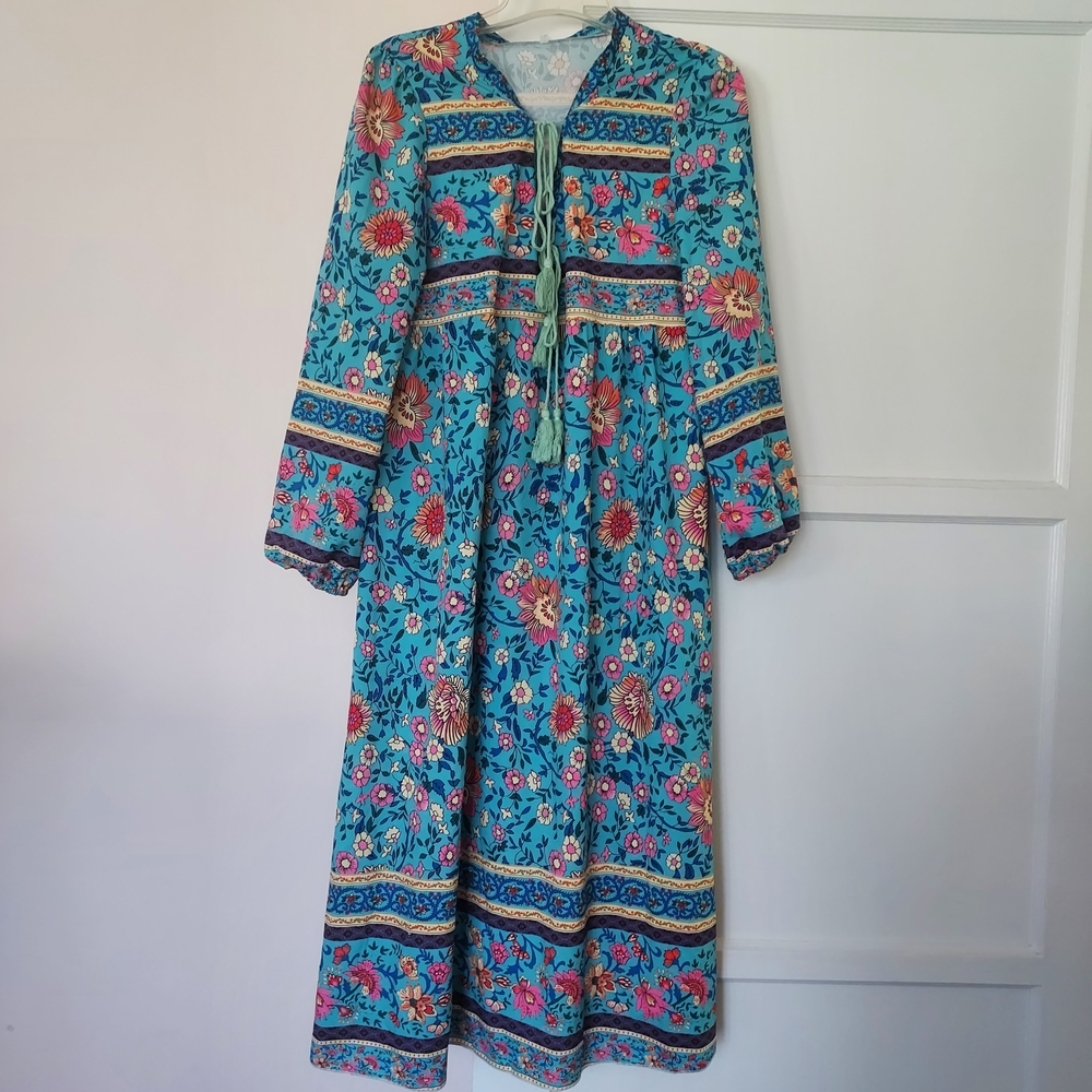 Turquoise Floral Maxi Dress Tassel Tie Festival Boho Hippie Relaxed Fit Lounge